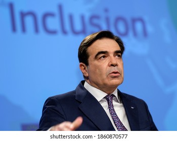 European Commissioner for Promoting our European Way of Life Margaritis Schinas speaks during a news conference at EU headquarters in Brussels, Belgium November 24, 2020.