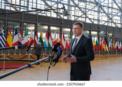 European Commissioner For Trade Valdis Dombrovskis During Eurogroup Finance Ministers Meeting In Brussels, Belgium, 17 January 2022.