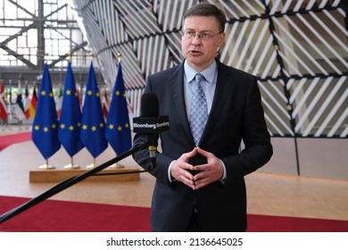 European Commissioner For Trade Valdis Dombrovskis Answers Journalists' Questions Ahead Of A Eurogroup Meeting At The EU Headquarters In Brussels On March 14, 2022.