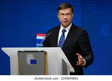 European Commissioner Valdis Dombrovskis  Participates In A Signing Ceremony For Croatia To Join The Euro In Brussels, Belgium On July 12, 2022.