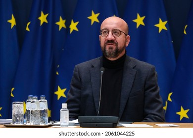 European Council President Charles Michel 
 Arrives To Take Part In Tripartite Social Summit Video Conference In Brussels, Belgium On October 20, 2021.