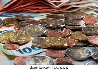 European Currency, Euro Coins On Top Of Banknotes. Bailout Money In Europe