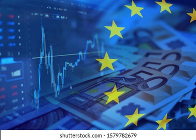 European currency Euro. Stock market. Currency market. European flag. Stock market chart. EEC. 50 euros. Value of money. - Shutterstock ID 1579782679