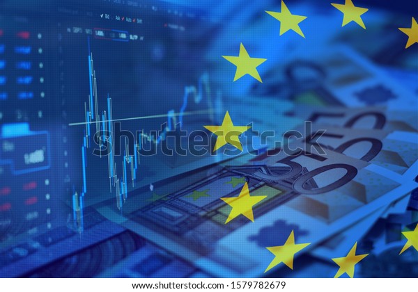European\
currency Euro. Stock market. Currency market. European flag. Stock\
market chart. EEC. 50 euros. Value of\
money.