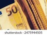 European Currency Fifty Euros Banknotes. Euro Cash Money Close Up. Financial and Banking Theme.