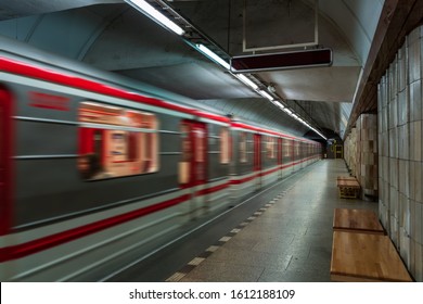 European Czech metro subway transit vehicle in motion - Subway Station