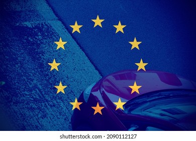 European Flag With A Car As Background. 