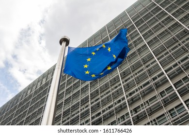 European Flag in front of the European Commission Headquarters building in Brussels, Belgium, Europe
