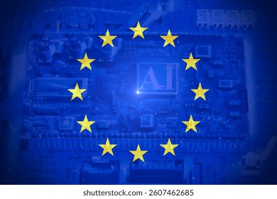 European flag motherboard with ai written on it. Concept AI (Artificial Intelligence) technology, chip IC on PCB, PCB circuit board, microprocessor. - Powered by Shutterstock - Get 15% off with code: PIKWIZARD15
