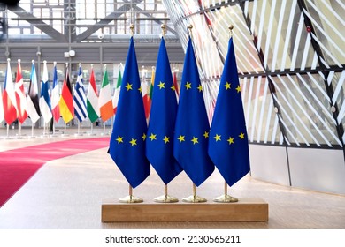 European Flags At EU Headquarters In Brussels, Belgium On February 28, 2022.