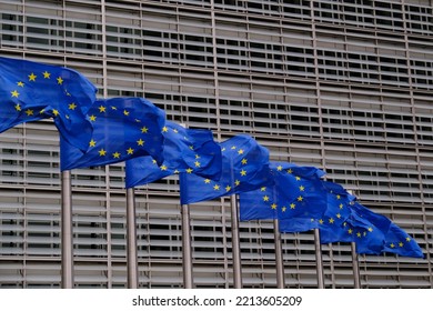 European Flags Flap In The Wind Outside EU Headquarters In Brussels, Belgium On July 21st, 2022