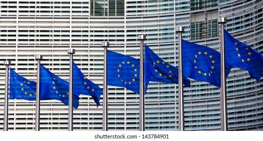 European Flags In Front Of The Berlaymont Building, Headquarters Of The European Commission In Brussels.