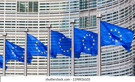 European Flags in front of the European Commission Headquarters building in Brussels, Belgium, Europe - Shutterstock ID 1198926103