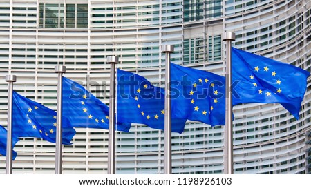European Flags in front of the European Commission Headquarters building in Brussels, Belgium, Europe