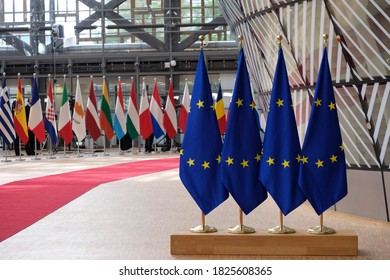 European  flags stand in EU Council building in Brussels, Belgium July 20, 2020.