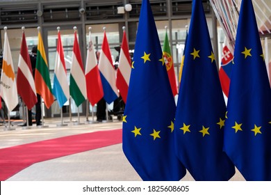 European  Flags Stand In EU Council Building In Brussels, Belgium July 20, 2020.