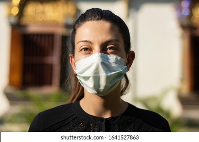 European Girl Tourist Wearing A Face Mask During The Crisis Of The Coronavirus In Thailand, Asia