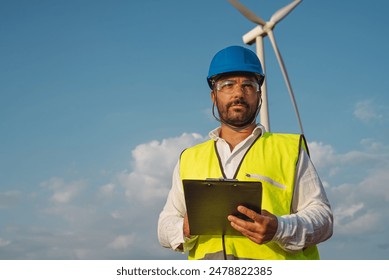 european green deal and green energy. Portrait of engineer checks clipboard in a wind turbine park - Powered by Shutterstock