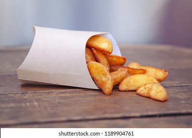 European International Cuisine, Fast Food, French Fries Slices, Belgian French Fries In Cardboard Packaging