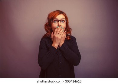 European - Looking  Woman 30 Years  His Hands Over His Mouth Retro