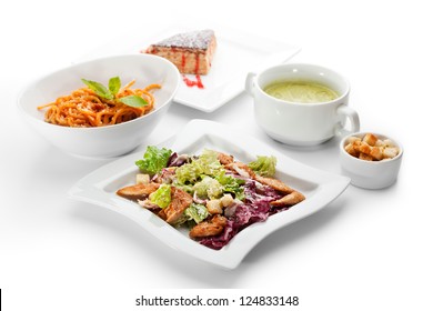 European Lunch - Caesar Salad With Chicken Breast, Veggie Cream Soup, Spaghetti Bolognese And Dessert