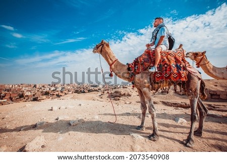 European male tourist sits on a camel and rides near the pyramid of Giza - Cairo, Egypt
