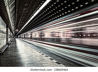 European metro transit vehicle in motion with special photographic processing