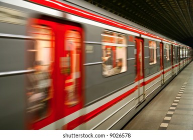 European metro transit vehicle in motion