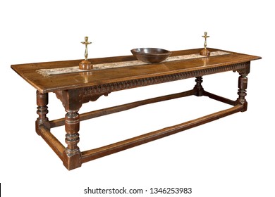 European Oak Refectory Hall Table Carved Medievil Ancient With Runner And Brass Candlesticks