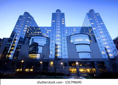 The European Parliament Building From Brussels (Bruxelles), Belgium, In Evening Light.