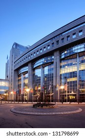 The European Parliament Building (main Hall) In Brussels (Bruxelles), Belgium, By Night.