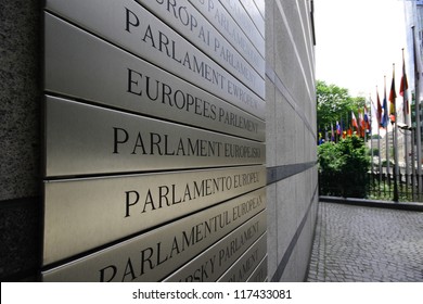 European Parliament Written In All The Languages From The European Union, On The Front Wall Of The Main Building - Brussels, Belgium.