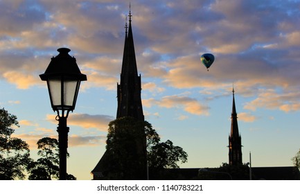 european skyline with air balloon