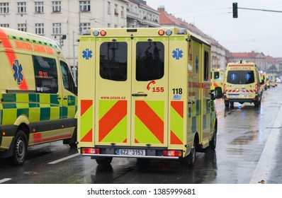 European street, Prague-October 28, 2018: Paramedics are riding ambulance on military parade on October 28, 2018 in Prague, Czech Republic 