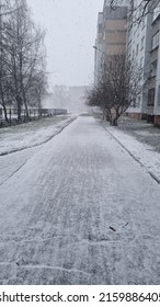 European Suburb In Early Winter. Walk Among Multistorey Residential Buildings With No People Around. Overcast In Winter.