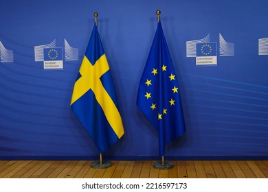 European And Swedish Flag Stand At EU Headquarters In Brussels, Belgium On Oct. 20, 2022.