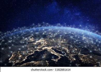 European telecommunication network connected over Europe, France, Germany, UK, Italy, concept about internet and global communication technology for finance, blockchain or IoT, elements from NASA - Shutterstock ID 1182881614