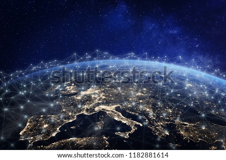 European telecommunication network connected over Europe, France, Germany, UK, Italy, concept about internet and global communication technology for finance, blockchain or IoT, elements from NASA