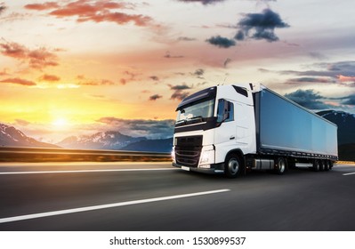 European truck vehicle motorway and dramatic sunset light  Cargo transportation   supply theme 