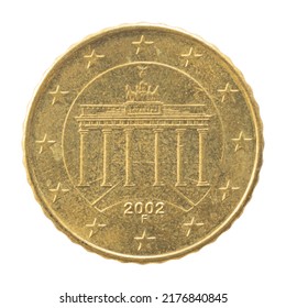 European Union 10 ten cents copper aluminum alloy coin made in Karlsruhe Germany image Brandenburg Gate mint 2002 - Shutterstock ID 2176840845