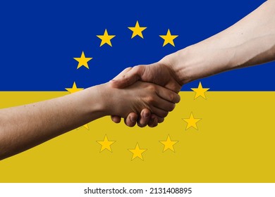 European union admit Ukraine to EU and shaking hands each others on EU Ukrainian flag with stars background