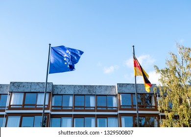 European Union Blue Flag And German Flag Waving In Front Of Federal Constitutional Court Building Bundesverfassungsgericht The Supreme Court For The Federal Republic Of Germany