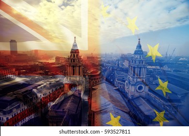 The European Union and the British Union flag combined over icons of London, England, UK. Stay or leave. Brexit