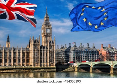 European Union and British Union flag flying against Big Ben in London, England, UK