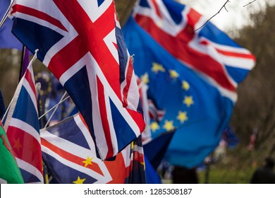 European Union And British Union Jack Flag Flying Together. A Symbol Of The Brexit EU Referendum