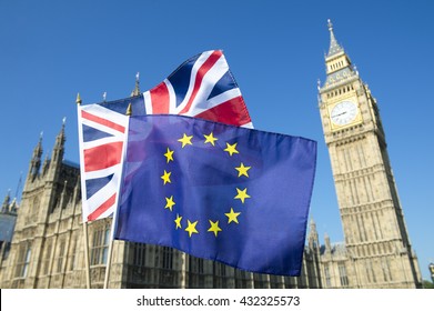 European Union and British Union Jack flag flying in front of Big Ben and the Houses of Parliament at Westminster Palace, London, in preparation for the Brexit EU referendum