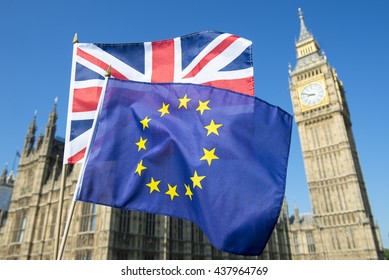 European Union And British Union Jack Flag Flying Together In Front Of Big Ben And The Houses Of Parliament At Westminster Palace, London, As Brexit Plans Progress