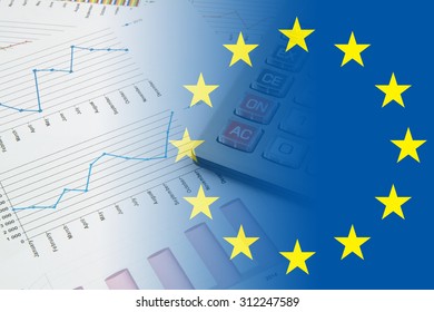 European Union Business Concept, Calculator On Financial Charts And Graphs