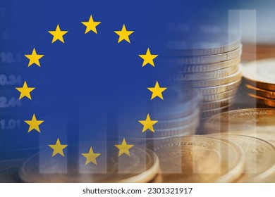 European Union EU flag with stock market finance, economy trend graph digital technology. - Powered by Shutterstock