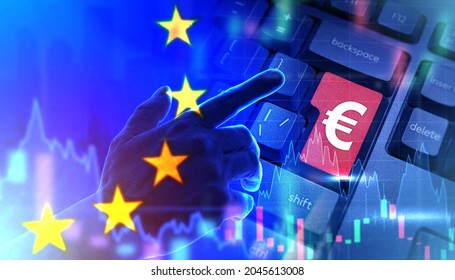 European Union financial market concept. Investments in European market. Stock charts next to EU flag. Euro logo on keyboard. Investments in European stock market. EU stock exchanges.